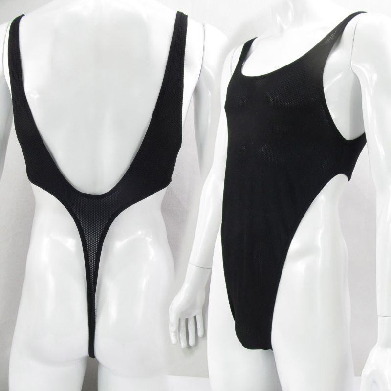 

Men's Body Shapers Mens Bodysuit Thong Leotard Deep U Back Nylon Spandex Slightly C-thru Honeycomb MeshMen's