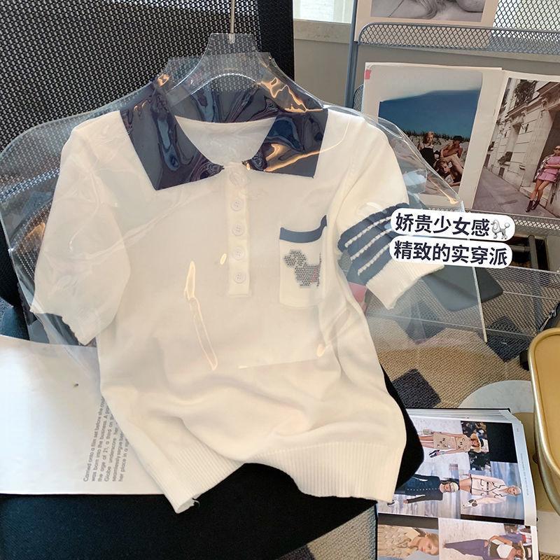 

Women' Sweaters Contrast Color Loose Pullovers Turn-down Collar Short Sleeve Knitted Tops Cartoon Embroidery Summer WomenWomen, White