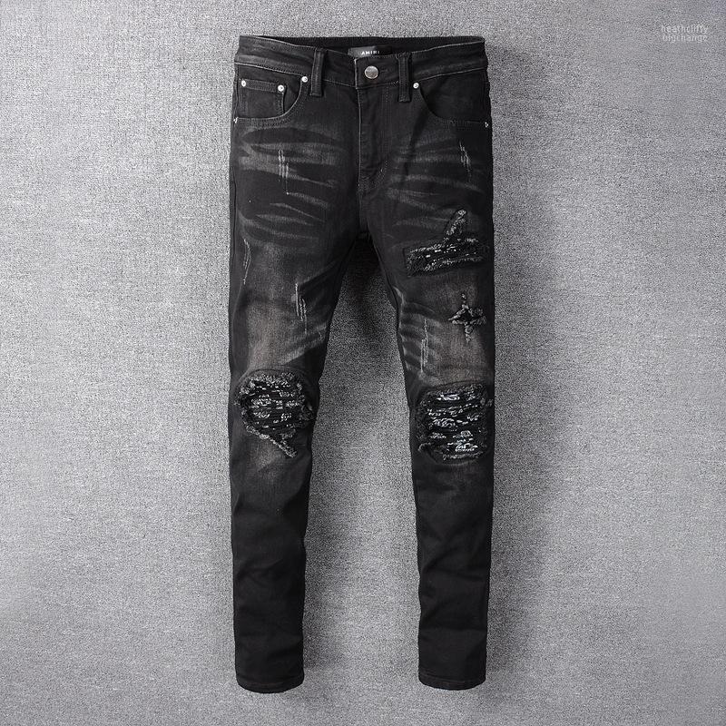 

Men's Jeans Rivets Stars Printed Patchwork Black Trendy Streetwear Slim Fit Stretch Denim Pencil Pants Ripped Trousers Heat22, 609