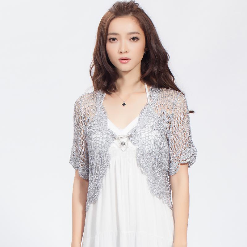 

Wholesale-Womens Hollow Out Hand Knitted Shrugs 4 Colors Short Sleeve Cardigan 2022 Summer Crochet Sun-protective Clothing 8040, Brown