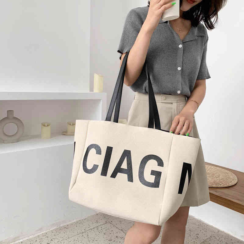 

Canvas bag new European and American college student class bag women's satchel large capacity sling Shoulder Tote Large Bag Purses_572G, Beige