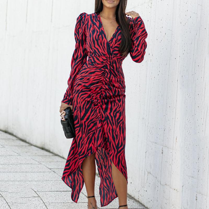 

Party Dresses Women Fashion Chic Dress Western Style Long Sleeve Floral Printing Patchwork V-neck Pullover Elegant Ladies For SummerParty, Red