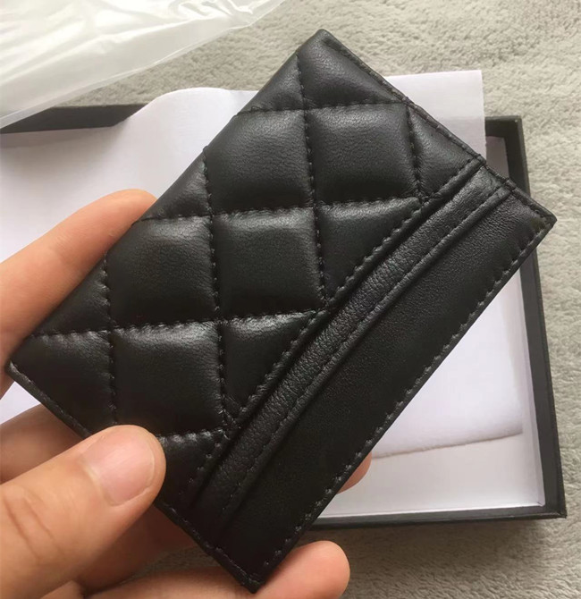 

Excellent quality Black leather Gold &Silver hardware Card Holders Men&Women lambskin Caviar Cardholder Mini Wallets With Box, Black sheepskin