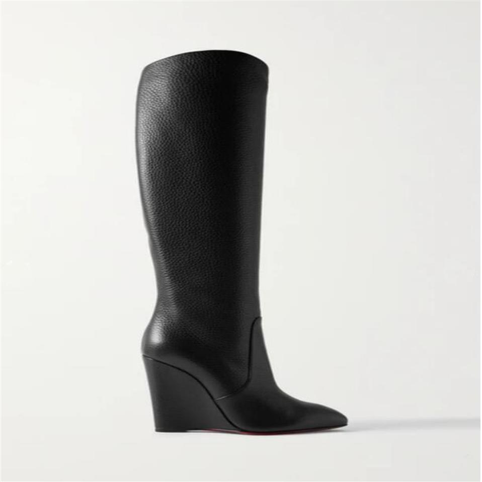

Women Long booty Black genuine leather red botto boot wedge high heels Civiliza 100mm textured-leather knee boots With box330S