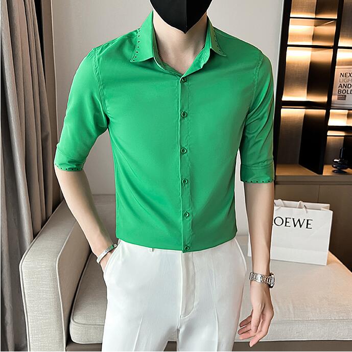 

Black White Green Embroidery Shirts Men Clothing 2022 Business Formal Wear Slim Fit Casual Half Sleeve