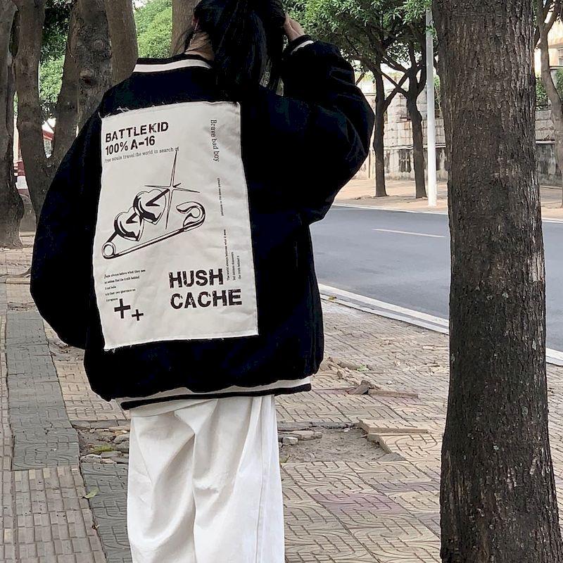 

Women' Jackets Baseball Jacket Women Black Patch Plus Velvet Autumn And Winter Zipper Harajuku Men Hip-hop Streetwear Tops