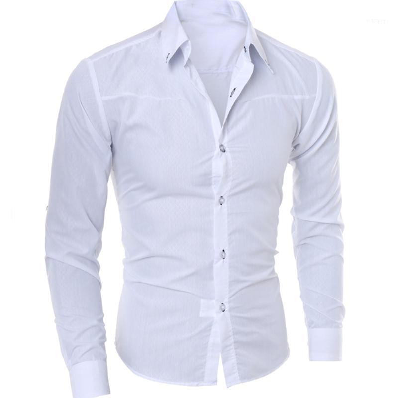 

Men's Shirt Solid Printed Turn-down Collar Long Sleeve Slim Men Blouse Casual Open Stitch Tops Camisa Masculina Shirts, White