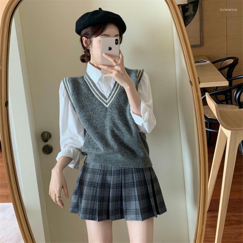 

Women's Vests Preppy Style Striped Vest Autumn Winter Knitted Sweater Women Korean Fashion Waistcoat All Match Outwear Luci22, Grey