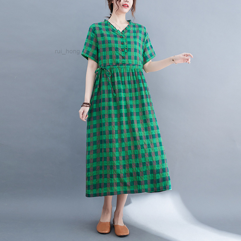 

New Arrival 2022 Ruffle Plaid Thin Soft Cotton Linen Fashion Women Summer Dress Holiday Travel Casual Midi Dress Lady Work Dress, Green