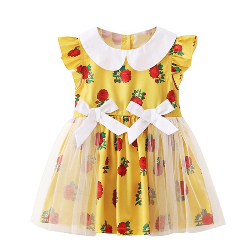 

Girl's Dresses Kids Girl Dress Chic Floral Tulle Summer Short Sleeve Girls Clothes Cute Ruffles Collar Toddlers Outfits Children DressGirl's, Yellow