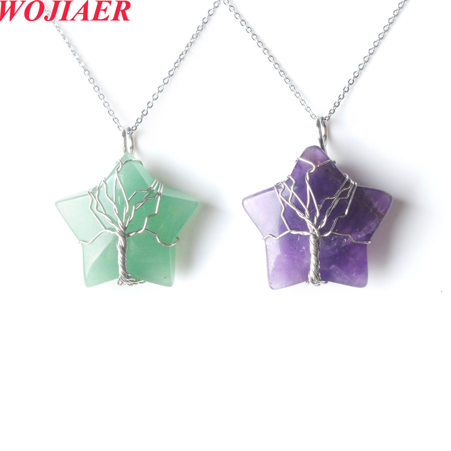 Tree of Life Necklace Natural Stone Pendant Silver Wire Wrap Pentagon Star Gem Tiger Eye BO974-image-793525267