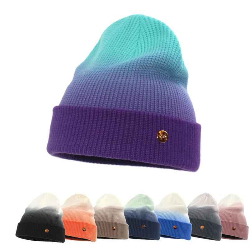 

Beanie/Skull Caps Autumn Winter Unisex Knitted Hat Adults Leisure Style Gradient Color Round Top Windproof Beanie Flanging Warm CapBeanie/Sk, Black
