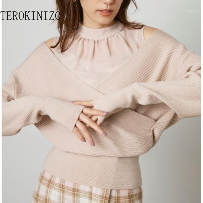 

Women's Blouses & Shirts TEROKINIZO Japan Style Fake Two Piece Blouse Women Stand Collar Bare Shoulder Long Sleeve Knitted Simple Chic Top 2, Pink beige