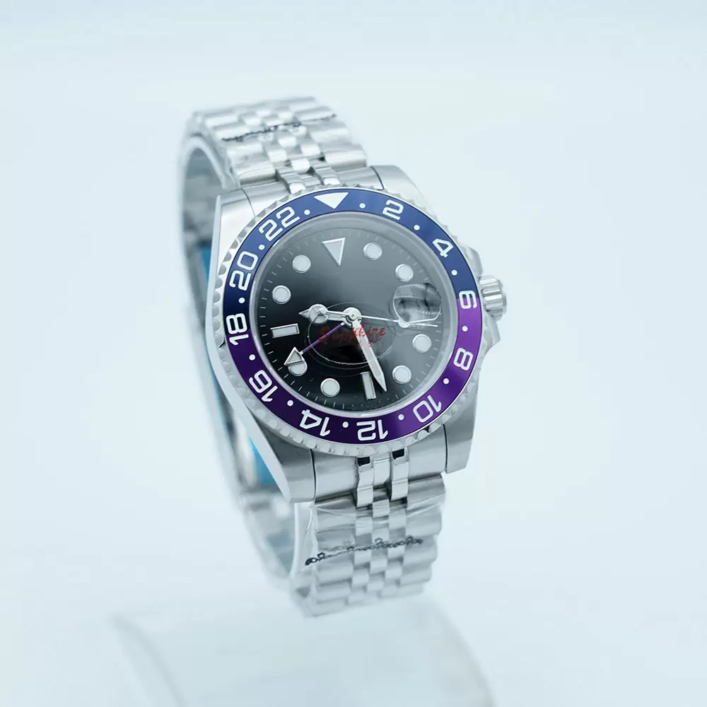

40mm Men Watch Automatic Mechanical Movement GMT Purple Ceramic Sapphire Dial Master 2 Jubilee Bracelet Wristwatch Waterproof, Make waterproof 50m