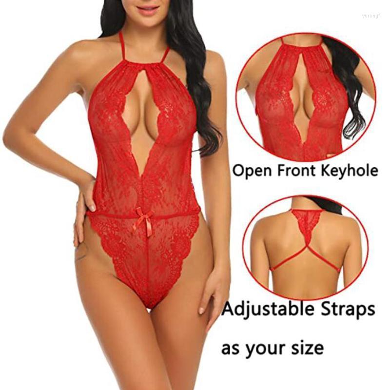 

Bras Sets Fashion Lace Sexy Lingerie Underwear Hollow Bowknot See-through Backless One-piece Women Bodysuit, Red