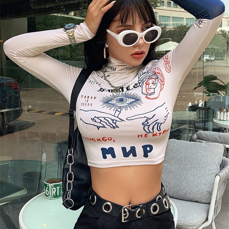 

Kliou fashion autumn t shirt women long sleeve turtleneck crop top letters print slim streetwear sexy skinny tee 220728, Sk
