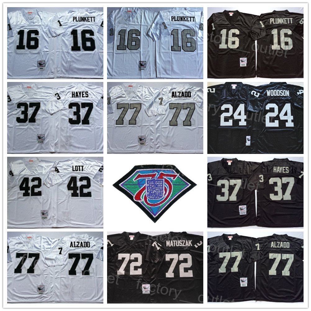 

Throwback 75th Mitchell and Ness Football 16 Jim Plunkett Jersey 24 Charles Woodson 37 Lester Hayes 42 Ronnie Lott 77 Lyle Alzado 72 John Matuszak 1976 1984 1998 ncaa, Black
