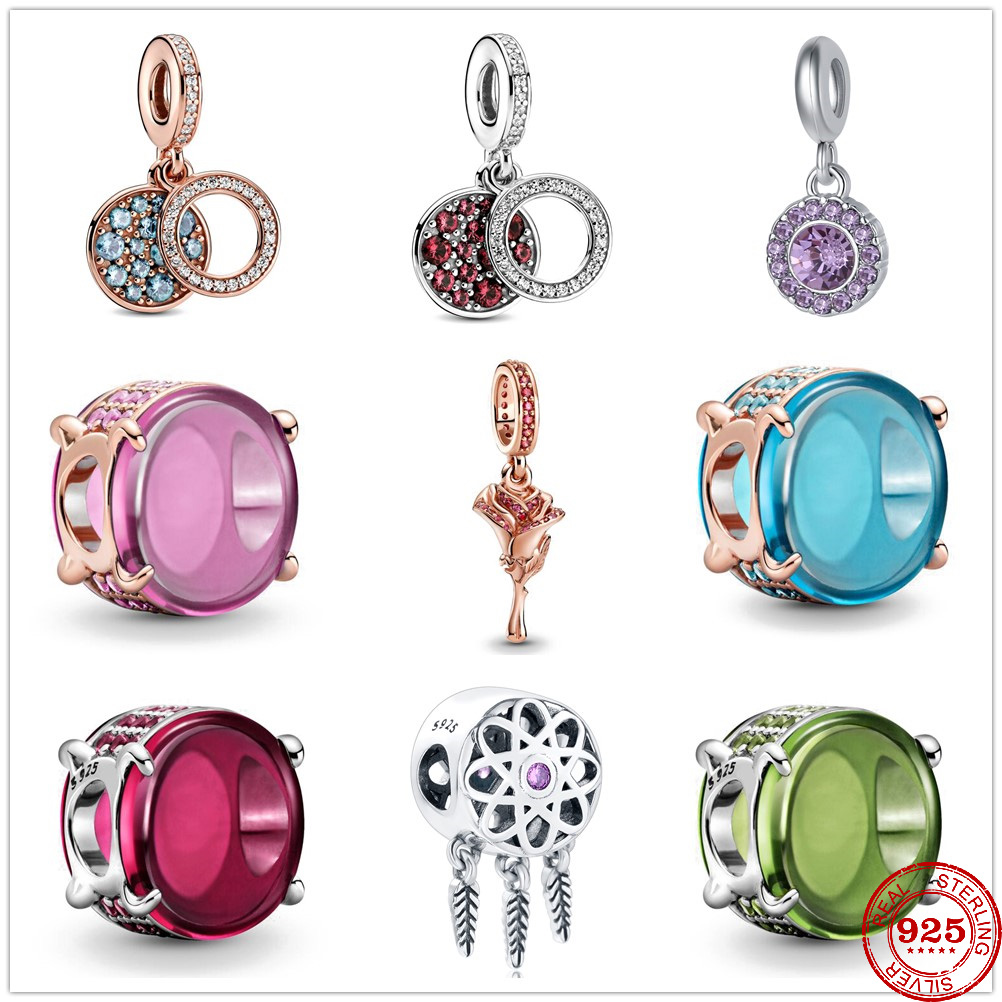 925 argent en argent sterling charme de chariot étincelant coloré ovale coloré cabochon zircon rose perles perles en ajustement charmes bracelet