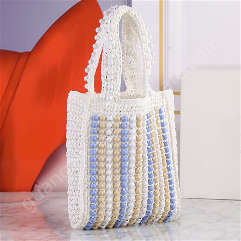 Mini Cute Beaded Straw Women's Tote Bag Soft Shopping Bag for Women 24x7x22cm-image-395245736