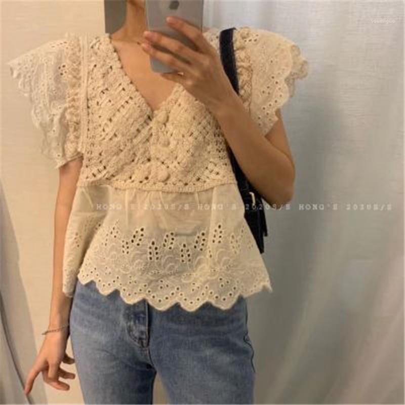 

Women's Blouses & Shirts 2022 Arrivals Summer Korean Style Chic Vintage Special Aesthetic V-neck Loose Lace-up Hollow-out Elegant Patchwork, White