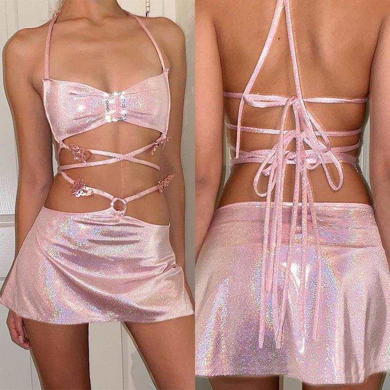 

Casual Dresses Wrap Breast Skirt Lace Up Two Piece Sexy Women' Clothing Summer Party Beach Wear Outfits Bulk WholesaleCasual, Pink