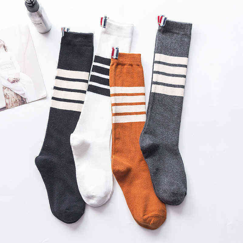 

TB socks women's fashion net red four bar stripe JK medium tube socks Korean college style AB calf pile socks, Beige