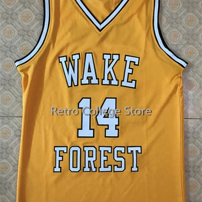 

Xflsp #14 Tyrone Bogue Wake Forest Demon Deacons Vintage Throwback Basketball Jerseys,Retro Men's Customized Embroidery and Stitched Jersey, Yellow