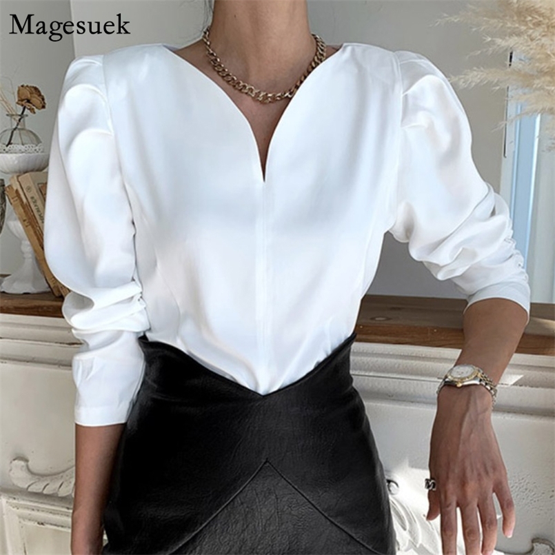 

Puff Sleeve Office Lady V-neck Long Sleeve Women Blouse Spring Korean Chic Casual Woman Shirts White Tops Blusas Mujer 12899 220407, Black