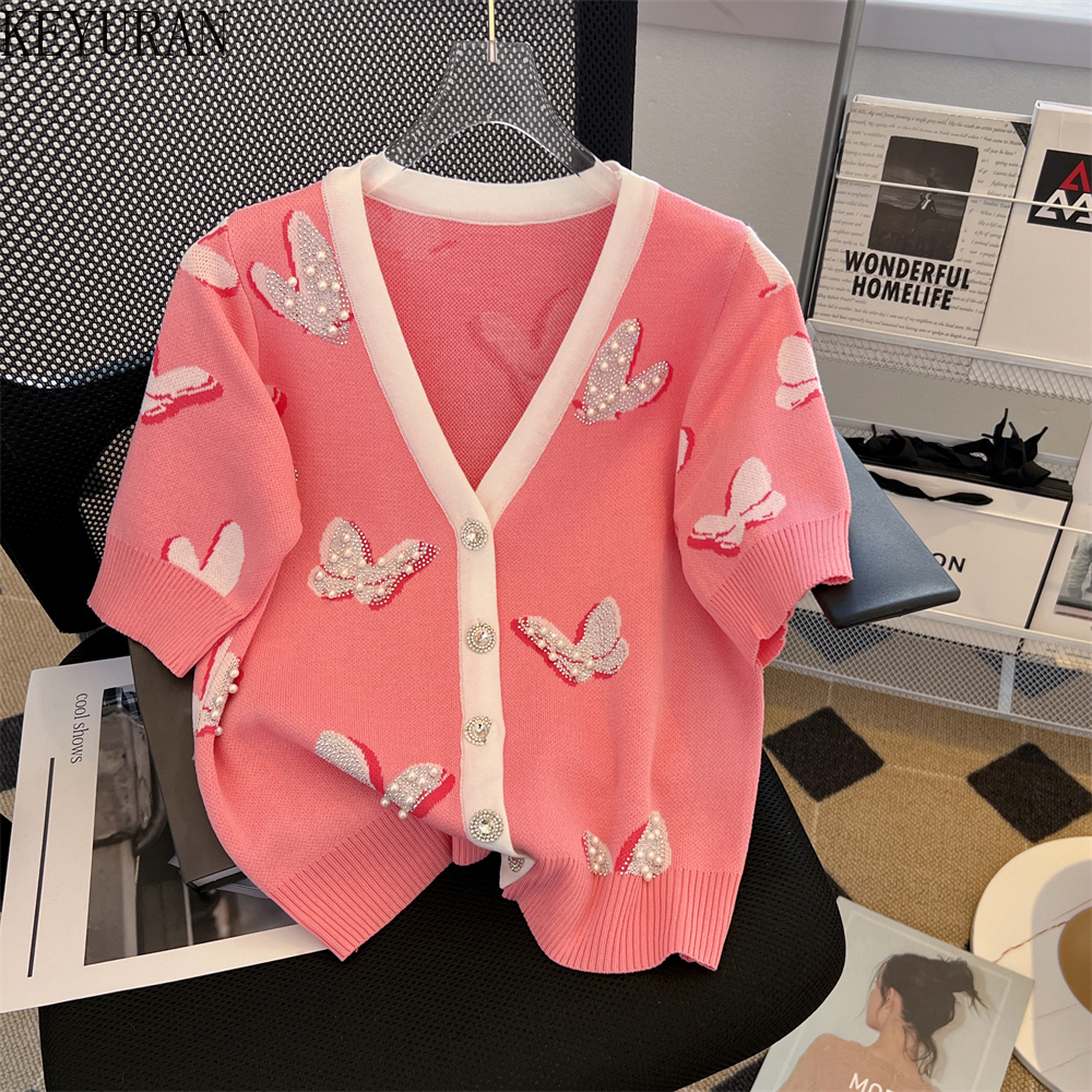 

2022 Summer Hot Drill Butterfly Knitted Cardigan Women Peals Beaded V-neck Puff Short Sleeve Thin Ice Silk Sweater Knitwear Top, Pink