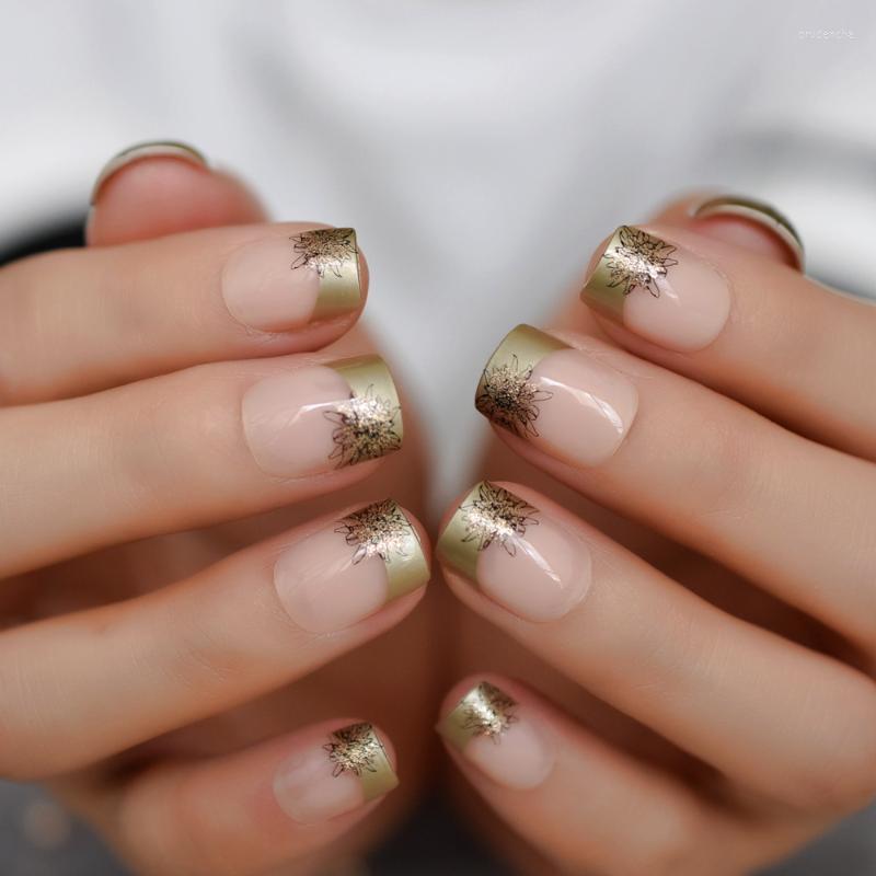 

False Nails Pattern French Nude Square Short Gold Flower Texture Nail Modern UV Gel Acrylic Tips Prud22, L5064