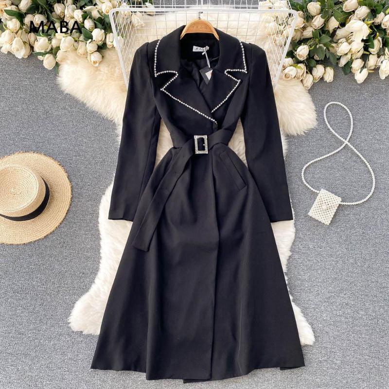 

Casual Dresses 2022 Autumn Long Blazer Jacket Women Notched Collar Sleeve Diamonds Slim Black Suit Temperament Ladies Dress