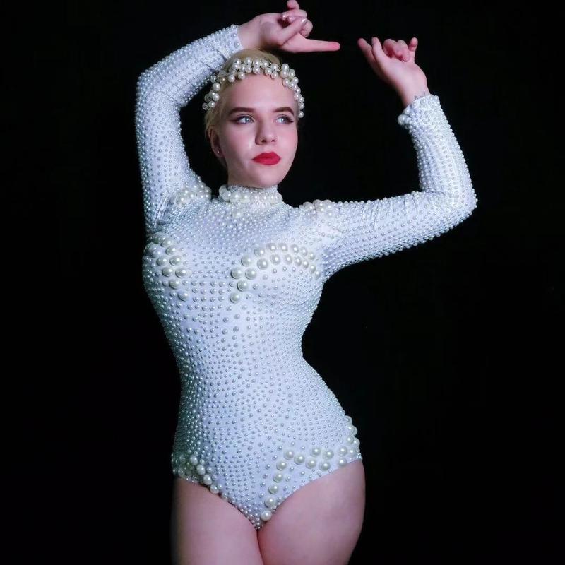 

Stage Wear White Pearl Beading Bodysuit Jazz Dance Outfit Evening Show Performance Costume Prom Birthday Bar Women Singer ClothesStage, As pic