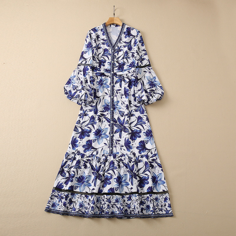

2022 Summer Long Sleeve V Neck Blue Floral Print Panelled Mid-Calf Dress Elegant Casual Dresses 22Q242142