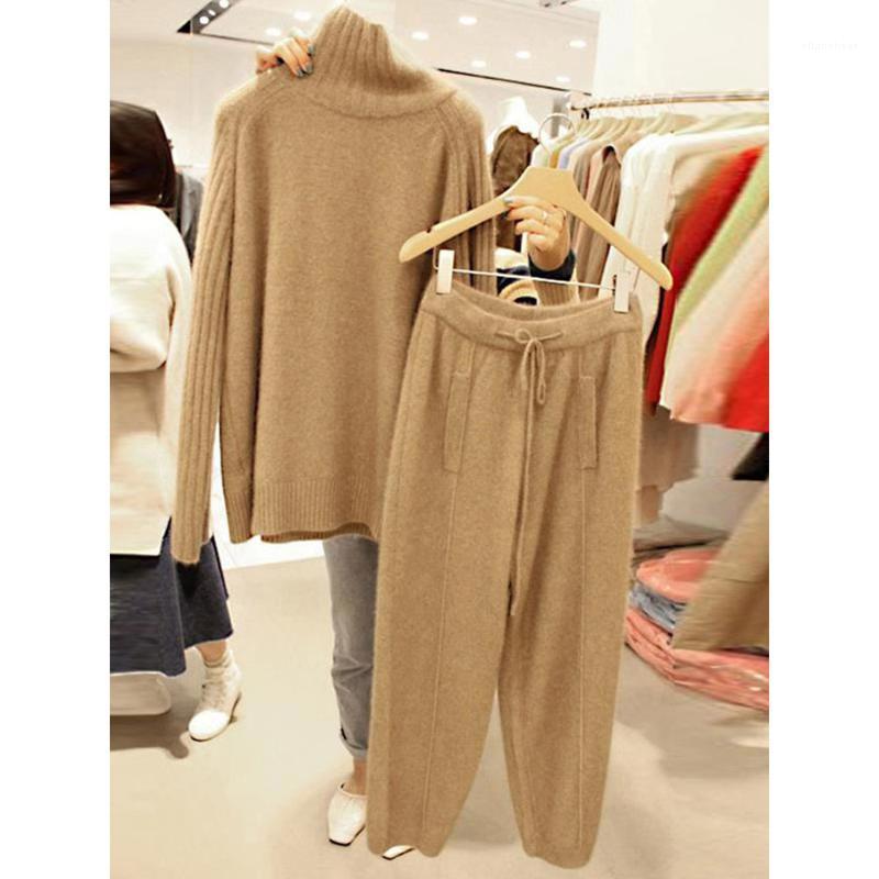

Women' Two Piece Pants Autumn Winter Thicken Knitted 2 Pieces Set Women Turtleneck Pullover Sweater & Wide Leg 2022 Female, Gray
