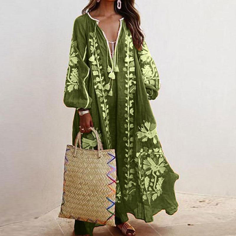 

Casual Dresses Elegant Vintage Dress Loose Women Sundress Linen Tassel V Neck Floral Print Maxi Long Sleeve Flower Female Vestidos, Red