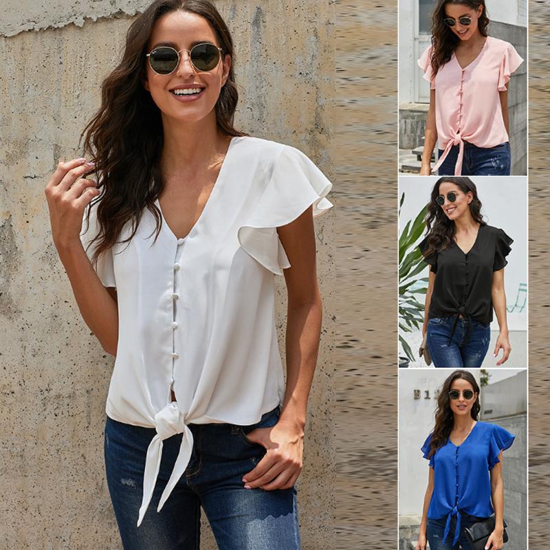 

Women' Blouses & Shirts 2022 Summer Blouse Women Ruffle Short Sleeve Shirt Single Breasted Solid Bandage Tops Loose Clothes Blusa, Blue