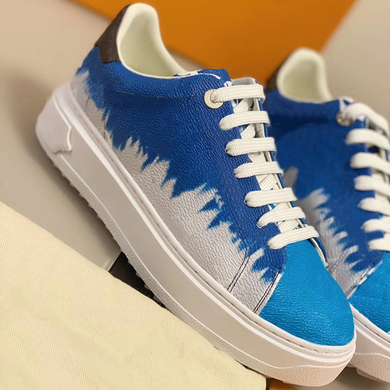 

2020 Time Out Sneaker Women Platform Calf Leather Shoes Embossed Bleu White Denim Patchwork Trainers Rubber Flat Outsole Shoes NO42, Color 1