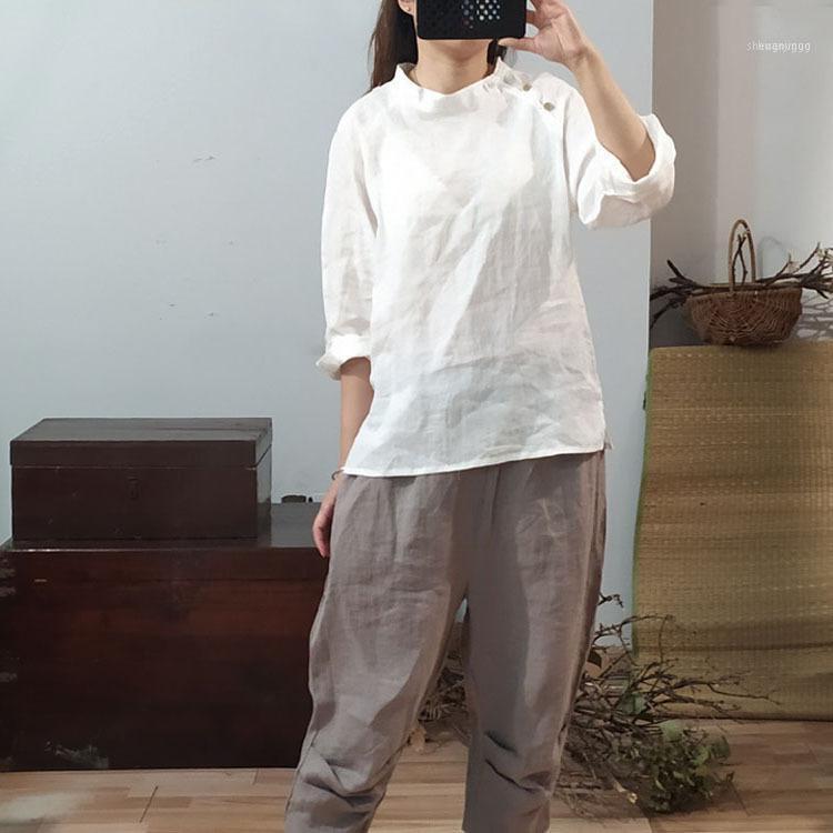 

Women Spring Summer Ramie Shirt Ladies Solid Color Chinese Style Blouse Tops Female 2022 Shirts Women's Blouses &, Blue