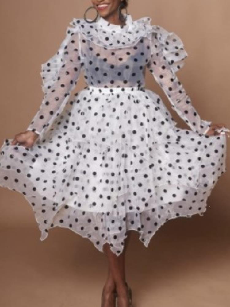 

Women 2 Pieces Sets Blouse Dresses Skirts Polka Dot Suits Ruffles Thin Transparent Shirts Elegant Tutu Jupes Lady Summer Spring, Orange