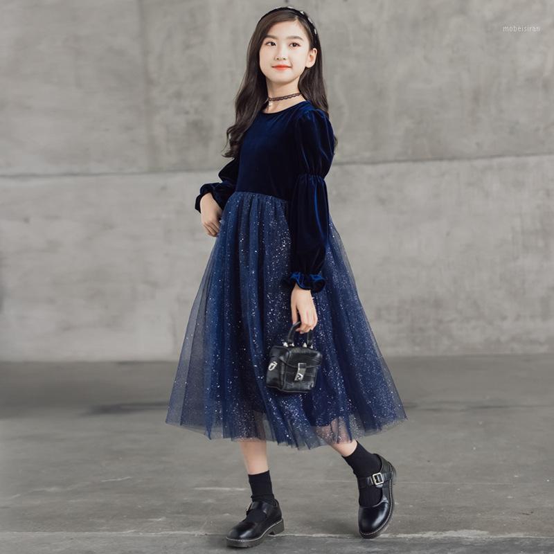 

Girl's Dresses Teen Girl Dress Autumn Winter Long Sleeve Sequined Princess Elegant Blue Patchwork Midi Kids For 6-16 Years