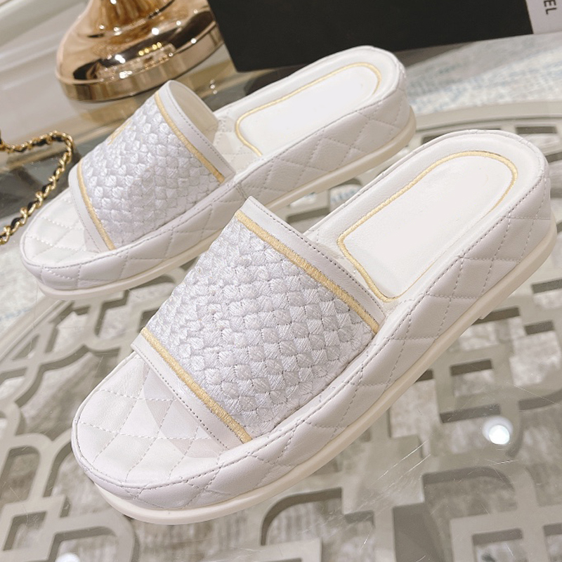

Classic Gold Letter Hardware Slippers Woven Coarse Printed Flip Flop Sandal Slide Genuine Leather Platform Slipper Straw Summer Beach Slider