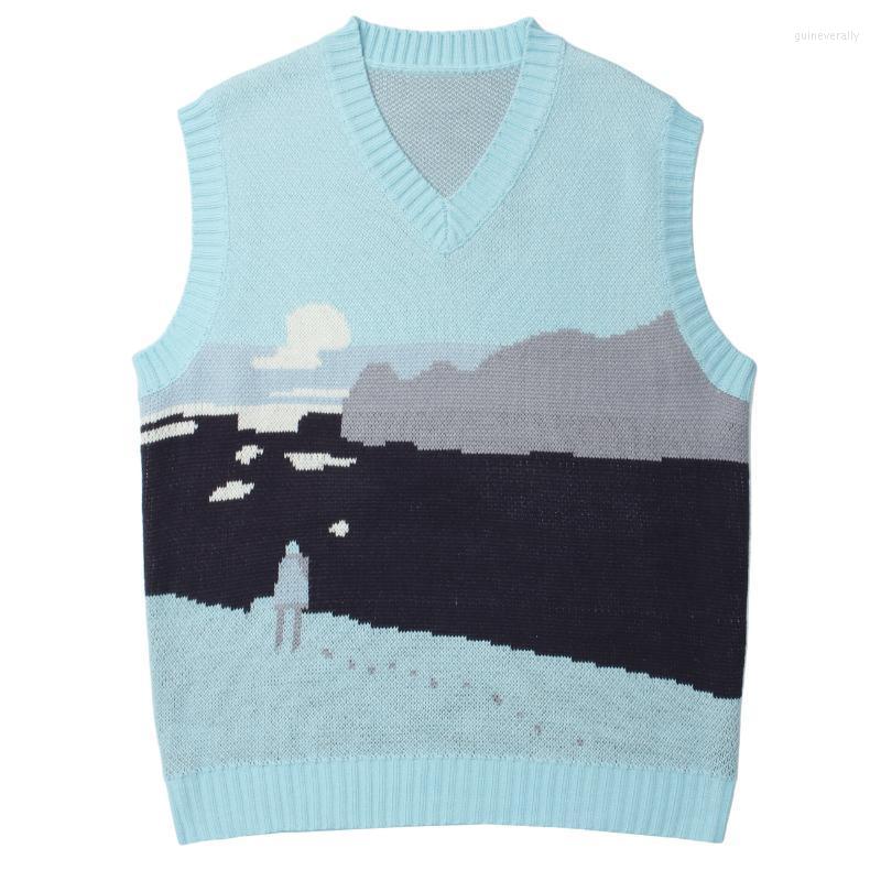 

Men's Vests LACIBLE Harajuku Streetwear Knitted Sweaters Pullover Sunrise Graphic V Neck Vest Casual Sleeveless Knitwear Tank Tops Guin22, Beige