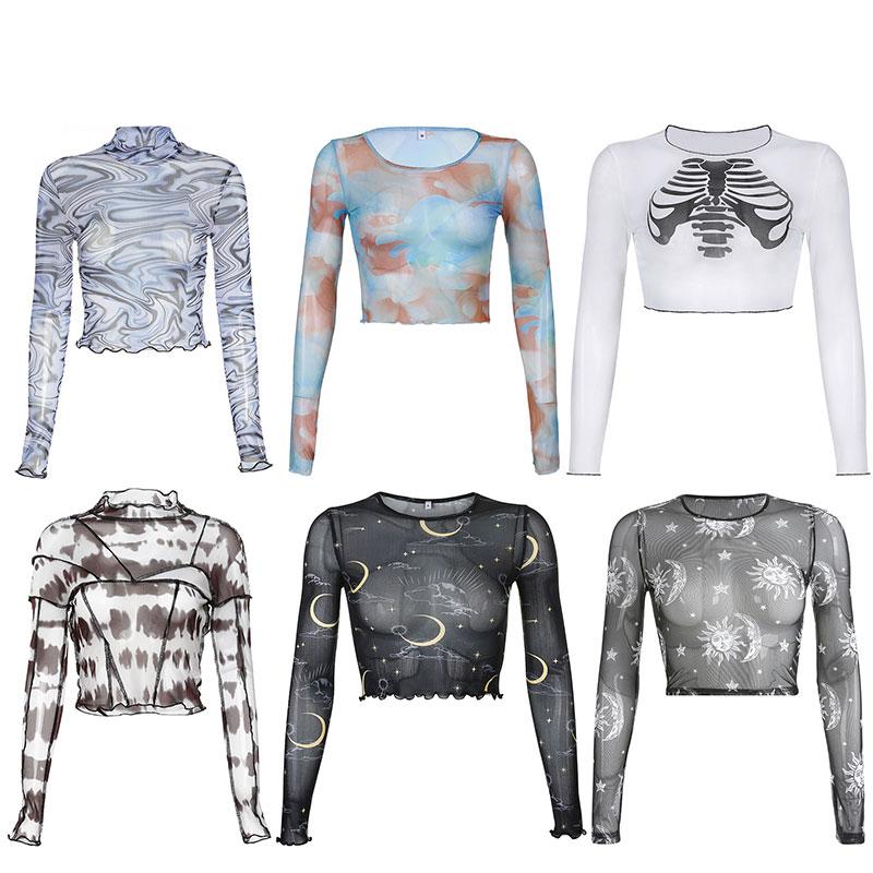 

Women' T-Shirt Sexy Women T Shirt See Through Transparent Mesh Tops Long Sleeve Slim Printed Ladies 2022 Autumn Y2K 90s TshirtWomen, Long sleeve tops 5