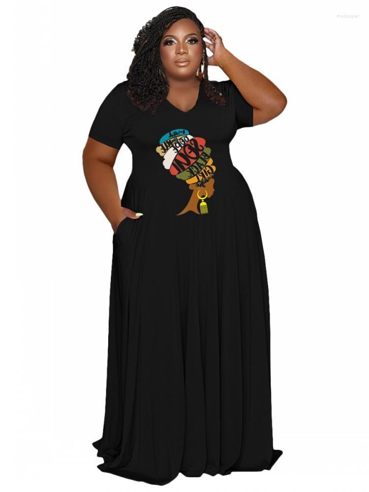 

Plus Size Dresses Women Long Dress 4XL 5XL V Neck Short Sleeve Robes Summer Print Fashion Loose Casual Big VestidosPlus Meli22, Black