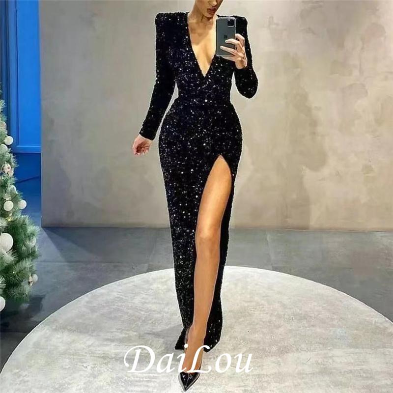 

Party Dresses Mermaid Long Sleeves Evening Gown Sexy Slim Fit Custom Made Sequined Side Split Women Black 2022Party