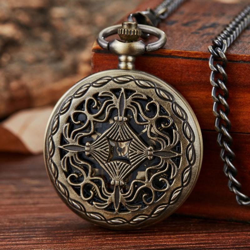 

Pocket Watches Vintage Pattern Mechanical Watch With Chain Retro Steampunk Skeleton Hollow Hand-winding Pendant Clock Men Women, Color 1