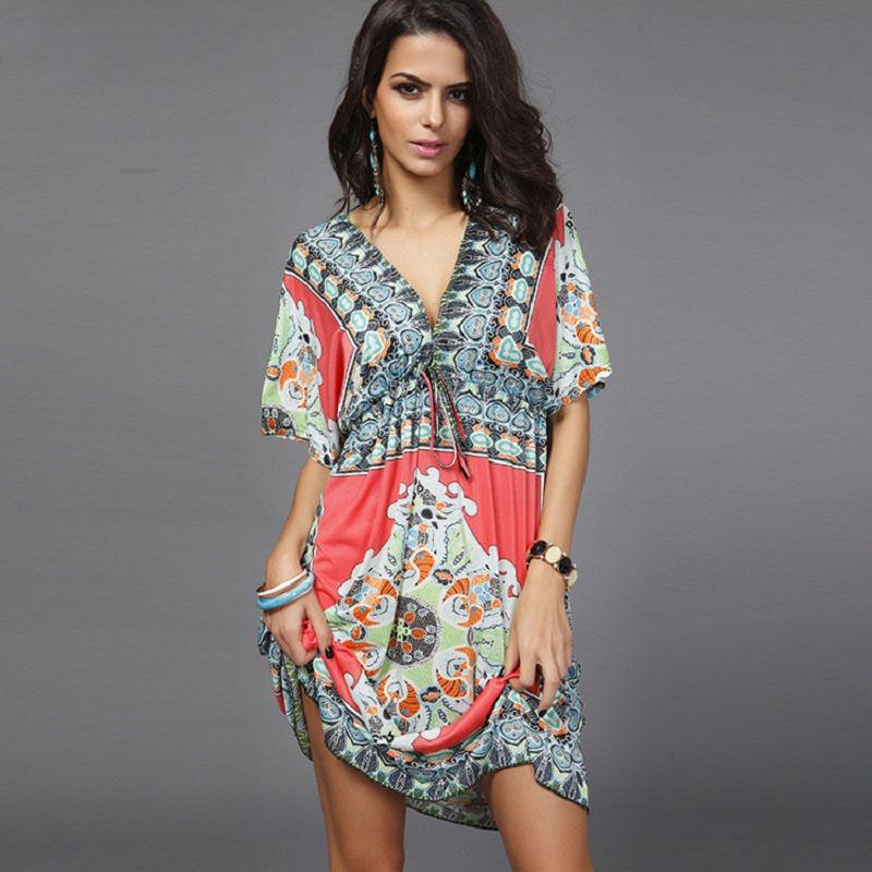 

Casual Dresses Boho Style Summer Women Dress Sexy Sundresses Deep V Ethnic Floral Print Tunic Beach Plus Size Silk, Red