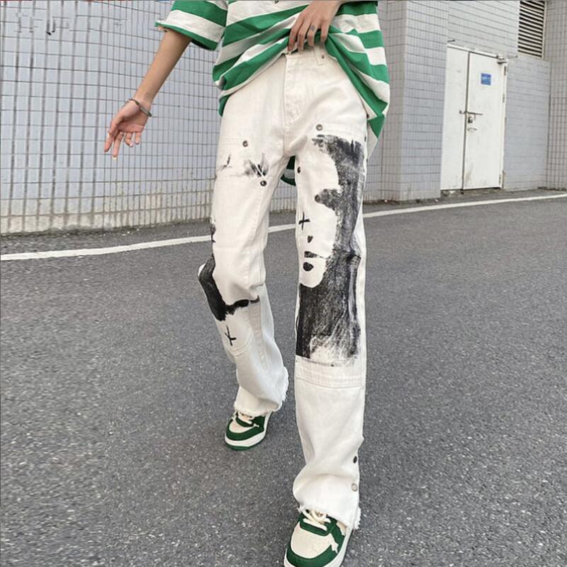 

Men's Jeans High Street Men Y2k Graffiti Print Hip Hop Baggy Man Straight Pantalon Homme 2022 Casual Vaqueros De Hombre W137Men's, White