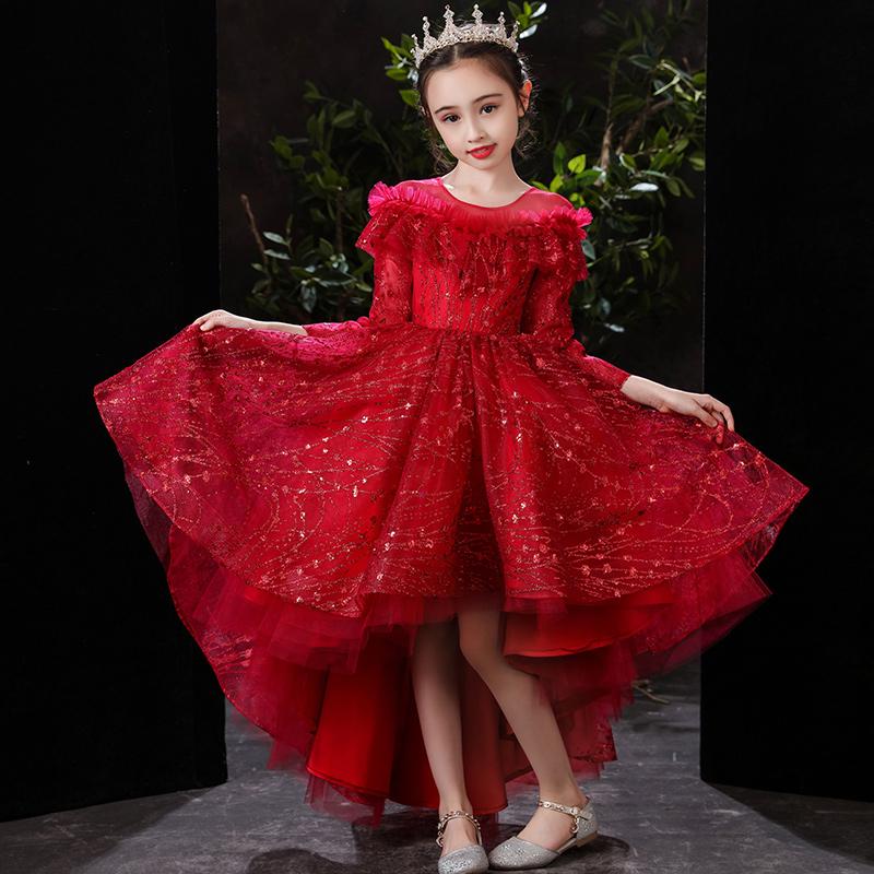

Girl's Dresses Luxury Princess Tulle Red High Low Prom With Long Sleeves Shiny Glitter Wedding Flower Girl DressesGirl's