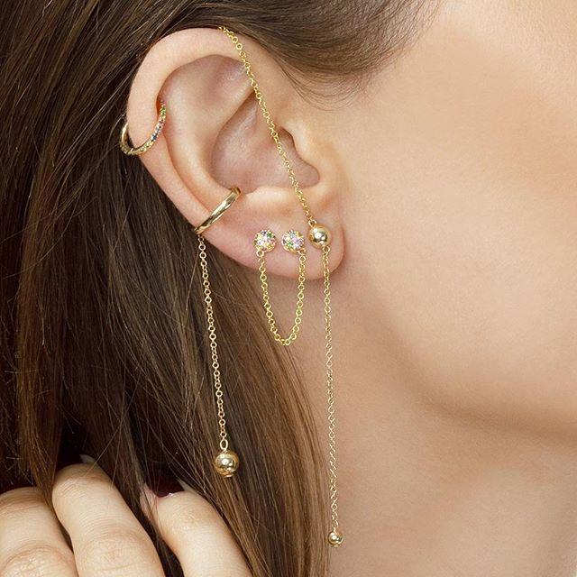 

Stud Arrived 925 Sterling Silver Double Piercing Earring Half Ball 2 Balls With Tassel Chain Pave Rainbow Cz JewelryStud